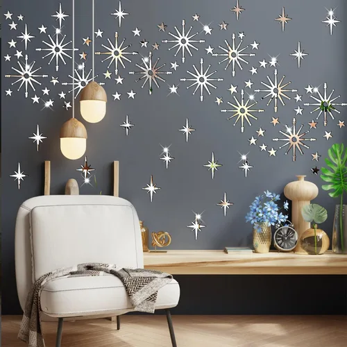 Miniatura 14 de Calcomanías de pared con estrella dorada, diseño retro de explosión de estrellas, calcomanías para dormitorio, sala de estar, decoración de techo