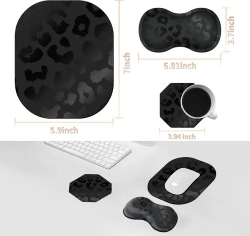 Miniatura 2 de Almohadilla ergonómica para reposamuñecas de leopardo negro + bonita alfombrilla para mouse + portavasos de espuma, espuma viscoelástica con base