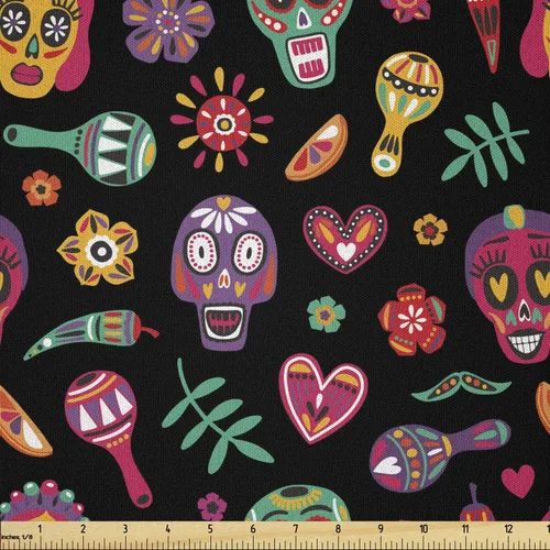 Miniatura 118 de Ambesonne The Yard, tela de calavera colorida con temática de Halloween, diseño de calavera y huesos cruzados, divertido estampado de dibujos