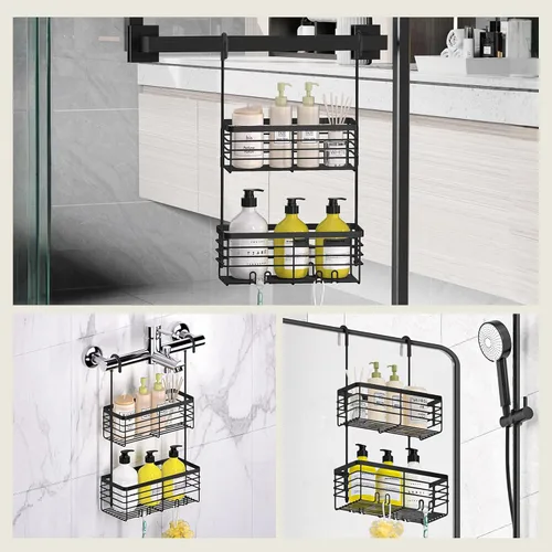 Miniatura 2 de DELLAN Organizador Colgante de Ducha de 2 Niveles, Estante de Ducha con Ganchos Sobre la Puerta, Organizador y Cesta Colgante de Acero Inoxidable
