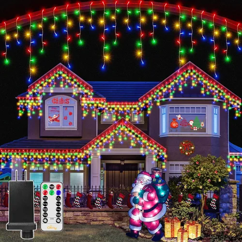 Miniatura 11 de Ollny Luces de Carámbano para Exteriores Blanco Frío, 600LED 49FT Luces de Navidad con Control Remoto 8 Modos Regulables, Impermeable Conectable