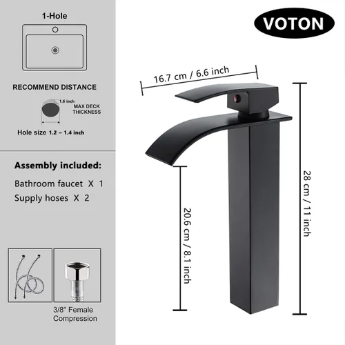 Miniatura 2 de VOTON - Grifo de baño cromado en cascada, de un solo agujero para lavabo, con cubierta Negro (T-Black)