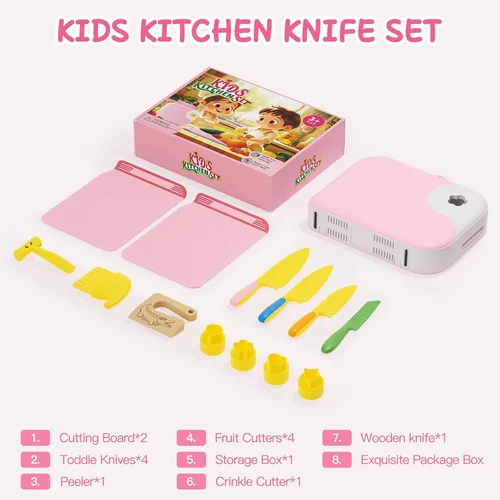 Miniatura 6 de Juego de cuchillos de cocina para niños para cocinar de verdad con caja de almacenamiento rosa, juguete de cocina Montessori con tabla de cortar