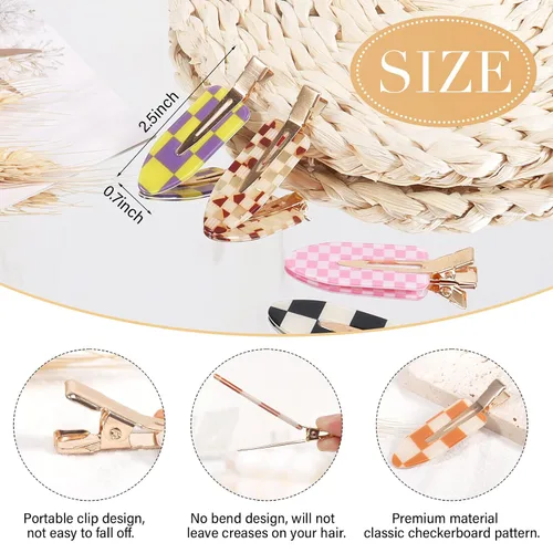 Miniatura 6 de 9 piezas de pinzas para el pelo sin dobleces, pinzas para rizos sin arrugas con diseño de cuadros, resina acrílica plana para peinado, barrette
