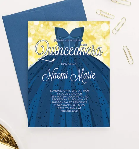 Miniatura 2 de Modern Pink Paper Invitaciones de quinceañera azul real y oro, invitaciones de vestido de quinceañera, su elección de cantidad, información