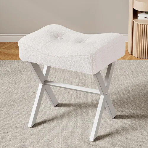 Miniatura 9 de Memobarco Taburete Silla de Tocador de 18 Pulgadas, Banco de Tocador con Patas en X de Metal, Taburete Otomán de Acento con Tela Bouclé Transpirable