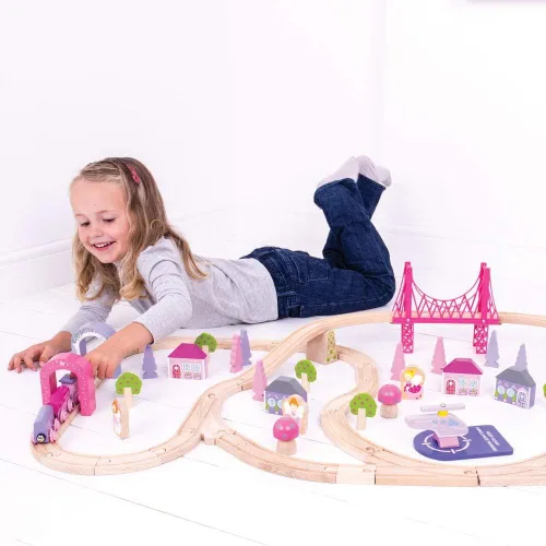 Miniatura 2 de Bigjigs Rail Fairy Town - Juego de tren de madera Juguete ferroviario para niños a partir de 3 años Pista de madera con modelo de aldea
