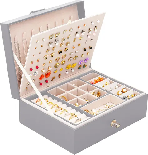 Miniatura 46 de Joyero de pendientes para mujeres y niñas, organizador de aretes de 5 capas, caja organizadora de joyas blanca con candado, collares y aretes