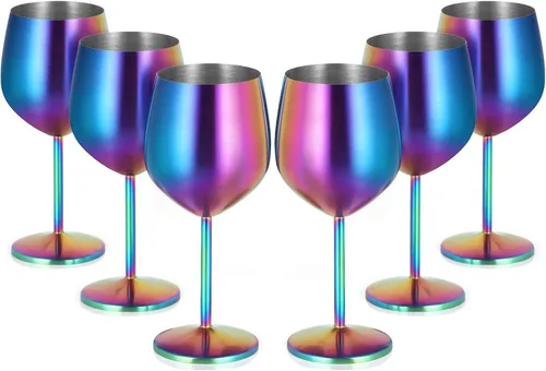 Lifecapido Juego de 6 copas de vino de acero inoxidable, copas de vino coloridas de acero inoxidable de 18 onzas, copas de vino de metal con tallo y