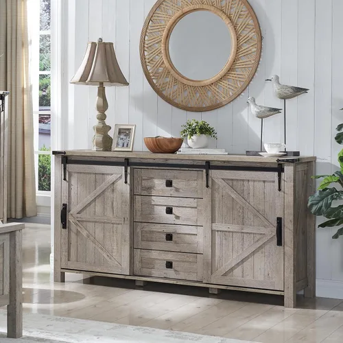 Miniatura 10 de T4TREAM Cómoda de 5 cajones para dormitorio con puerta de granero deslizante, cómoda moderna alta de estilo granja, 5 cajones, organizador de Roble