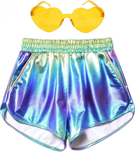 Perfashion Pantalones cortos metálicos para niñas, pantalones y gafas de sol brillantes para fiestas