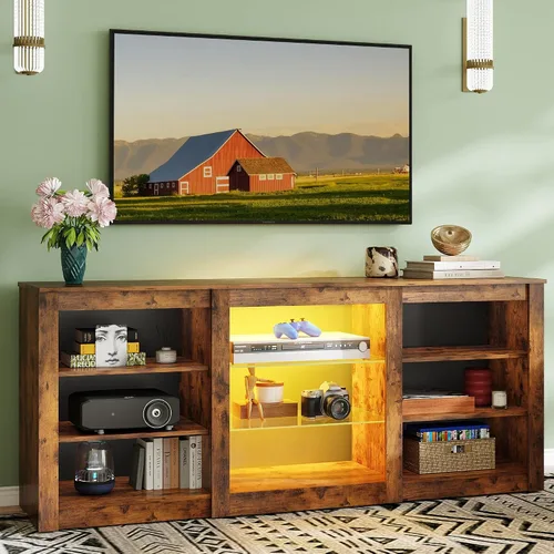 Miniatura 5 de WLIVE Moderno soporte de TV para TV de 65 pulgadas, centro de entretenimiento con estantes abiertos ajustables y luces LED RGB, consola multimedia