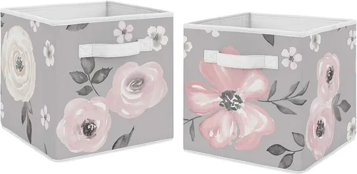 Miniatura 6 de Sweet Jojo Designs Juego de 2 cubos de almacenamiento plegables de tela de acuarela rosa y gris, organizador de juguetes para niños y bebés