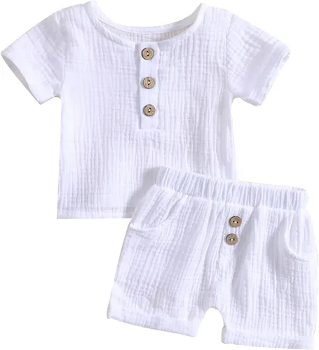 Miniatura 62 de fhutpw Conjunto de 2 piezas de ropa de verano para bebés, camiseta de manga corta, cintura elástica, pantalones cortos para niños pequeños