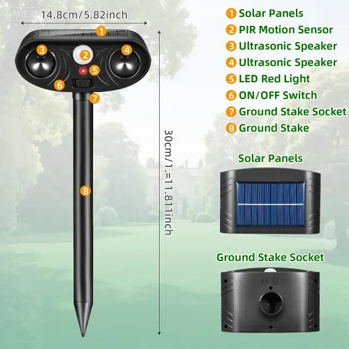 Miniatura 2 de Repelente de animales ultrasónico solar actualizado 2026 Dispositivos repelentes de ciervos para gatos al aire libre con sensor de movimiento