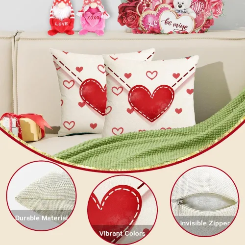 Miniatura 5 de RABUSOFA Juego de 2 fundas de almohada de San Valentín de 20 x 20 pulgadas, diseño de corazones con sobre rojo, para exteriores, decoración de San