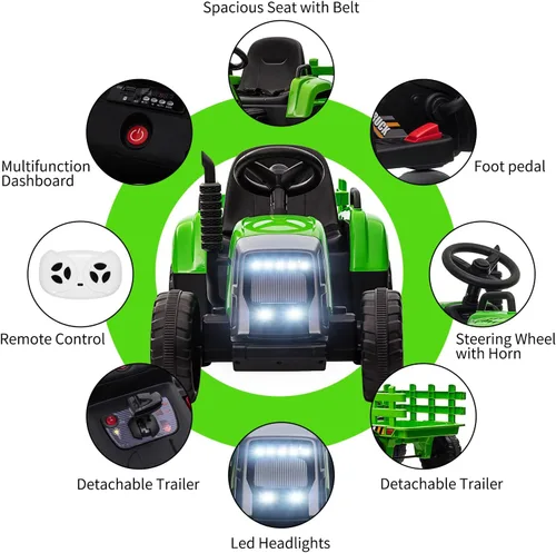 Miniatura 4 de Nasitip - Tractor eléctrico de 12V con batería, con remolque, vehículo de paseo para niños con control remoto/7 faros LED/cambios de marcha Azul