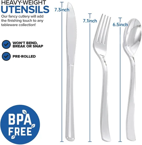 Miniatura 3 de 400 piezas de cubiertos de plástico plateado preenrollados - Cubiertos de plata resistentes - Incluye 100 paquetes de utensilios desechables Plata