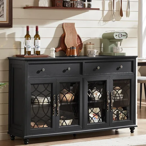 Miniatura 29 de Joaxswe Aparador de estilo rústico con almacenamiento, credenza grande de 59 pulgadas con 4 puertas de vidrio y 2 cajones, estantes ajustables, mesa