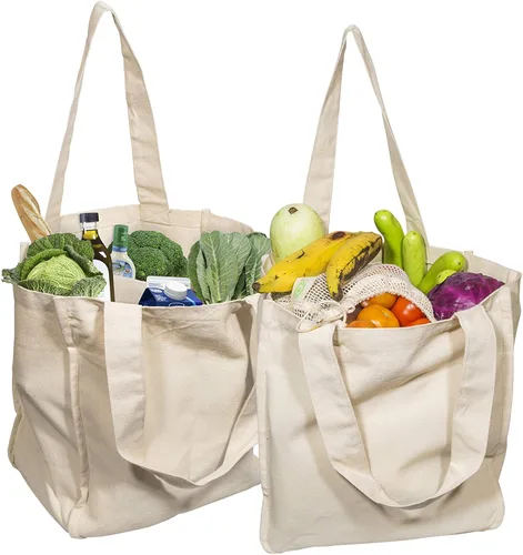 Best Canvas Grocery Shopping Bags - Cloth Grocery Tote Bags - Reusable Cotton Grocery Tote Bags with Bottle Sleeves Blanco sucio