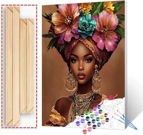 Miniatura 28 de Pintura de niña afro a la moda, kits de pintura por números, 16 x 20 pulgadas, lienzo de hojas tropicales, pintura al óleo para niños y adultos