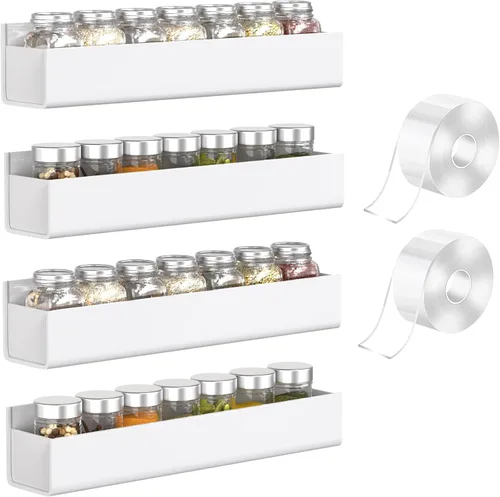 PMMASTO Organizador de especias acrílico adhesivo para pared con cinta nano de doble cara, organización de estante de especias para puerta de Blanco