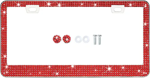 Miniatura 3 de Marco de matrícula con diamantes de imitación rojos brillantes para mujeres, cubiertas de matrícula de metal antioxidante de borde delgado