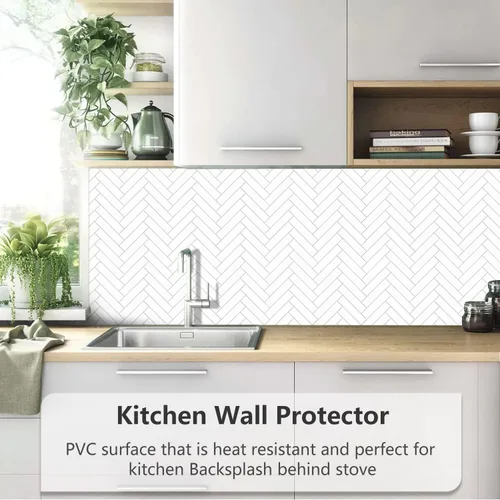 Miniatura 7 de Vamos Tile Azulejo Blanco Brillante de Dolomita Despegar y Pegar para Salpicaderas - 10 Hojas Azulejos de PVC Autoadhesivos en Espiga para Pegar
