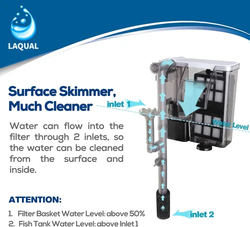 Miniatura 6 de LAQUAL Filtro de acuario con desnatador de superficie, filtro de tanque de peces pequeño de 15 a 30 galones, contacto completo y filtración de 3