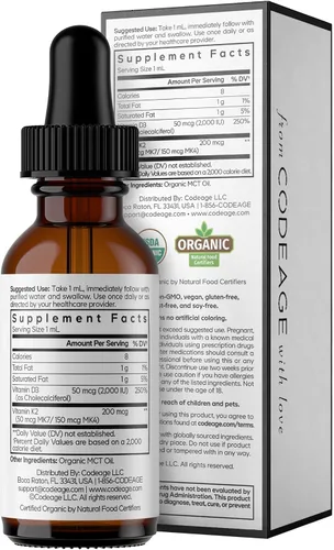 Miniatura 9 de Codeage Vitaminas líquidas D3+K2 USDA Organic – Vitamina D3 2000 UI, vitamina K2 (MK4 y MK7) gotas líquidas – Apoyo inmunológico – Sin sabor