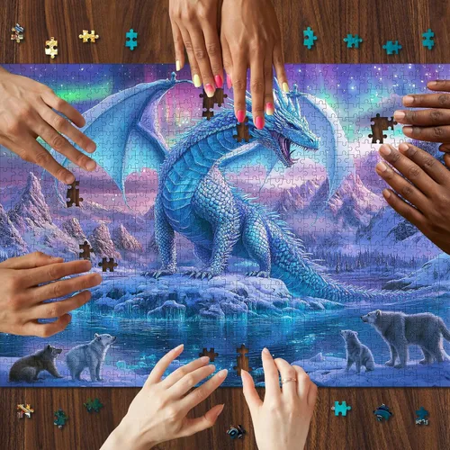Miniatura 6 de Rompecabezas de dragón Aurora de 1000 piezas para adultos, azul vibrante y morado, rompecabezas grande y desafiante para la familia, juego