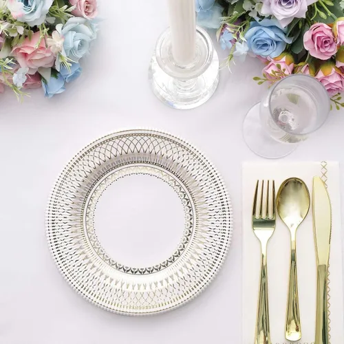 Efavormart - Paquete de 25 platos de papel de porcelana vintage de 8 pulgadas, color blanco y dorado, 300 GSM, platos desechables de postre para