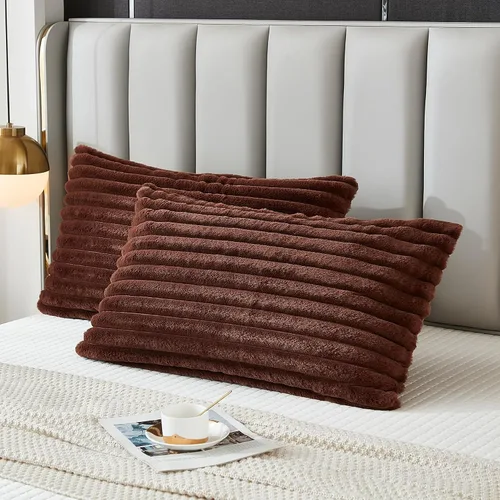 Miniatura 2 de Juego de 2 fundas de almohada para cama tamaño king, fundas de cojín rectangulares lumbares con diseño de rayas, forro de piel de conejo sintética