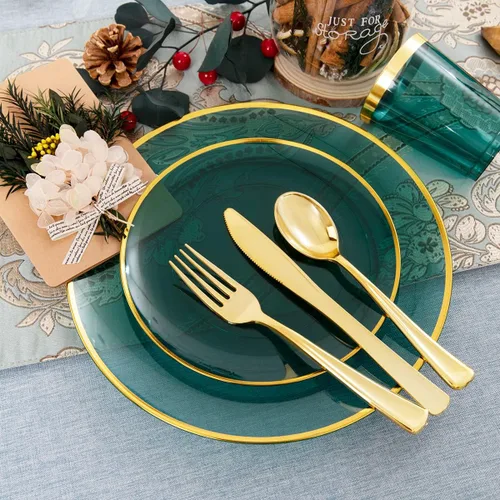 Miniatura 2 de LIYH - 180 platos navideños de plástico transparente y verde dorado, juego de vajilla de plástico desechable verde esmeralda, incluye platos