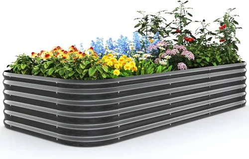 Miniatura 22 de Quictent - Juego de caja de maceta de jardín galvanizado elevada, 6x3x1 pies Caja de maceta de metal ovalada para verduras, Gris oscuro