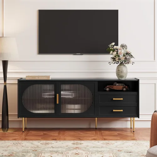 Miniatura 7 de ARTPOWER Soporte de TV moderno de 60" para televisores de 55/60/65 pulgadas, mesa de consola de TV con puertas de vidrio y cajones, centro