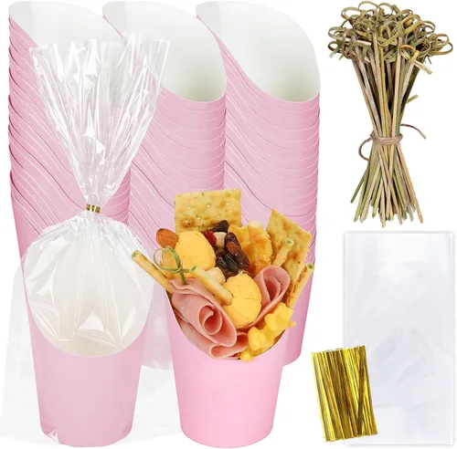 Miniatura 9 de Whaline 50 tazas de charcutería azules con bolsas de palitos, lazos giratorios, 14 onzas, desechables, para aperitivos, papas fritas para el hogar