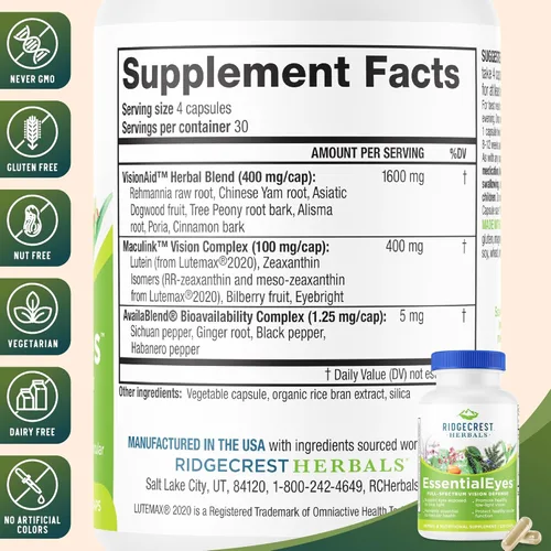Miniatura 3 de Ridgecrest Herbals EssentialEyes, suplementos vitamínicos naturales para los ojos, contiene luteína, zeaxantina, extracto de arándano, apoya