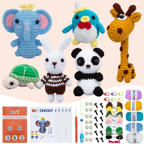 Kit de 6 piezas de ganchillo para principiantes, kit de punto con videos paso a paso, hilo, gancho de ganchillo, kit de tejido para principiantes,