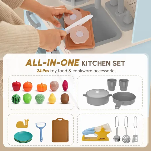 Miniatura 3 de BIERUM Cocina de Juguevo con Luces y Sonidos Realistas, Juego de Cocina de Madera para Niños, Juego de Simulación de Chef para Niños Pequeños, Azul