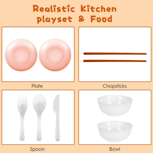Miniatura 8 de 60 piezas de accesorios de cocina de juego para niños, juego de cocina de simulación con ollas y sartenes, vajilla y conjuntos de frutas y barbacoa
