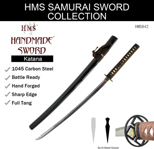 Miniatura 7 de HMS Samurai Katana Sword, Practical, Hand Forged, 1045 Carbon Steel, Heat Tempered/Clay Tempered, Full Tang, Sharp, Scabbard Katana 842