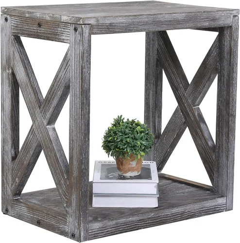 Miniatura 3 de MyGift Mesita de noche, mesa auxiliar gris rústica, mesita de noche de madera con diseño en X y estante inferior de almacenamiento