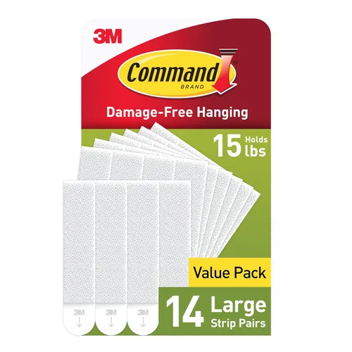 Tiras adhesivas para colgar cuadros grandes, resistentes, blancas, capacidad para hasta 16 libras, 14 pares, embalaje fácil de abrir