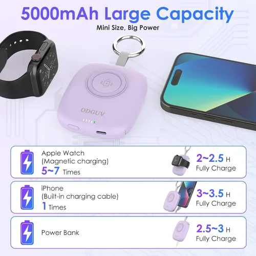 Miniatura 3 de Cargador portátil pequeño de 5000 mAh, cargador inalámbrico iWatch mini banco de energía con cable integrado, cargador de llavero de viaje