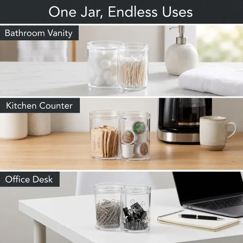 Miniatura 6 de ForPro - Tarro de boticario de acrílico transparente con 2 compartimentos con tapa, soporte inastillable y organizador de bolas de algodón