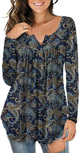 a.Jesdani - Blusas para mujer, tipo túnica, de manga larga, estilo Henley, casual, con diseño floral, talla extra grande