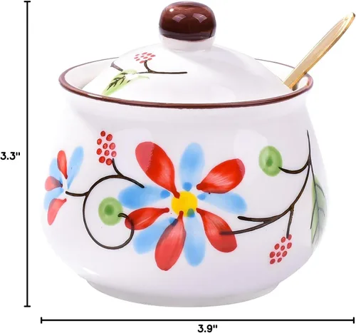 Miniatura 7 de Azucarero de cerámica con tapa y cuchara, recipiente de azúcar floral pintado a mano de 10.8 onzas para cocina, tarro de especias de porcelana HH