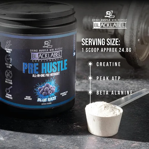 Miniatura 5 de BLACKLABEL Supplements PRE Hustle V3 Polvo de preentrenamiento – Certificado NSF para deporte – Energía, fuerza y resistencia – Blue Razz