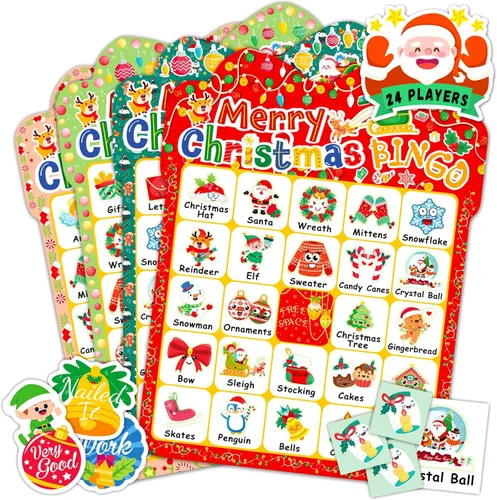 YTSQLER Juego de bingo de Navidad para niños de 24 jugadores, tarjetas de bingo de Navidad, juegos de fiesta de vacaciones para familia, escuela,